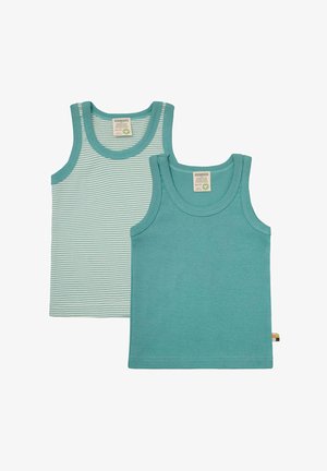 Set of two teal tank tops: one solid, one striped with light and dark teal. Soft cotton material, round necklines, and sleeveless design.