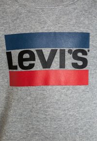 Harmaa kangas, jossa on Levi's-logo mustalla tekstillä sinisten ja punaisten vaakaraitojen välillä collegepaidassa.