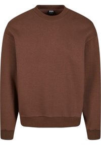 Felpa marrone con scollatura a girocollo, maniche lunghe, polsini e orlo a costine, e un tessuto morbido e testurizzato. Il design è minimale e a taglio dritto.