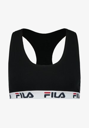 Melnā sporta krūšturis ar apaļu dekoltē un platām siksnām. Ir baltā elastīgā josla ar "FILA" logotipu sarkanā un melnā krāsā. Gluda auduma tekstūra.