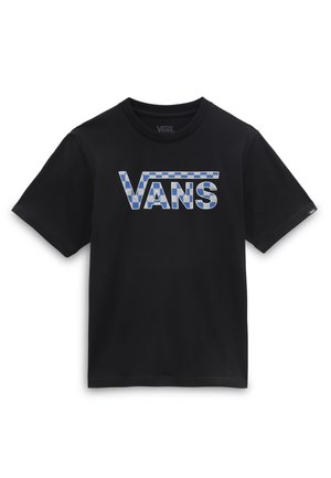 Czarna koszulka Vans z krótkim rękawem z niebiesko-białym kratowanym logo Vans na piersi.