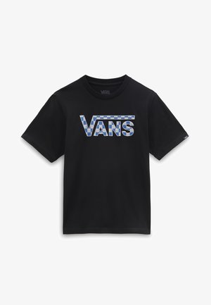 Sort Vans T-shirt med korte ærmer med blåt og hvidt ternet Vans-logo hen over brystet.