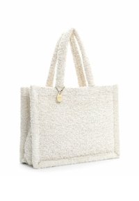 Pehmeäpintainen off-white-värinen suorakaiteenmuotoinen olkalaukku, jossa on kahdet kahvat ja pieni kultainen ovaalinen merkki lähellä yläreunaa.