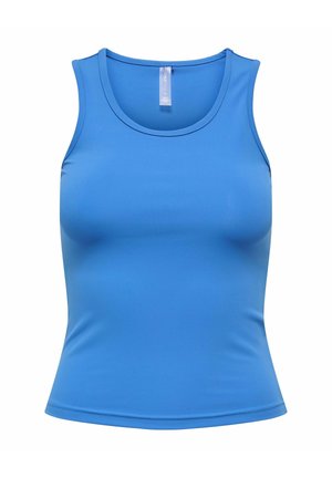 Niebieski dopasowany top bez rękawów z okrągłym dekoltem, wykonany z gładkiej tkaniny.