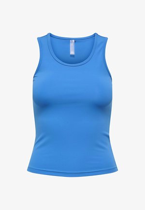 Niebieski dopasowany top bez rękawów z okrągłym dekoltem, wykonany z gładkiej tkaniny.