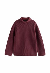 Burgunderfarbener Strickpullover mit hohem geripptem Kragen, fallenden Schultern und weiten Ärmeln. Verfügt über ein strukturiertes Muster im gesamten Kleidungsstück.