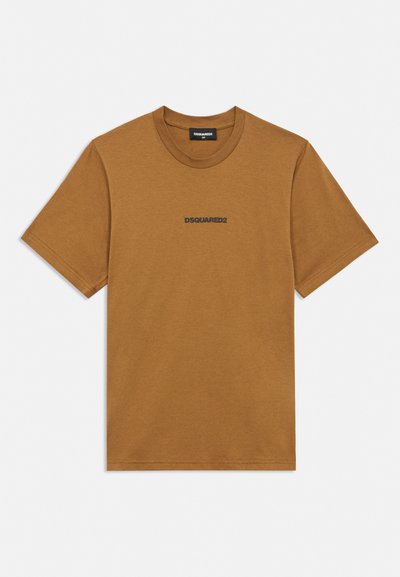 T-shirt en coton marron à manches courtes avec col rond et "DSQUARED2" imprimé en petites lettres noires centrées sur la poitrine.