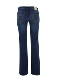 Jeans de culoare bleumarin închis, cu picioare evazate și buzunare spate distinctive cu cusături curbate, sunt expuși din vedere din spate.