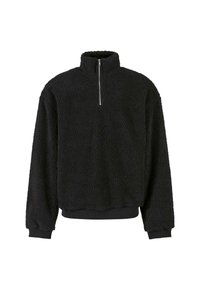 Sort fleece-pullover med høj krave, halv lynlås foran og ribbede manchetter. Har et struktureret, blødt stof med en cropped pasform.