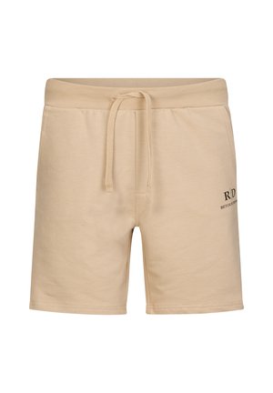Beige Baumwollshorts mit einem elastischen Bund, Kordelzugverschluss und einem kleinen schwarzen Logo, das auf der unteren rechten Seite aufgedruckt ist.