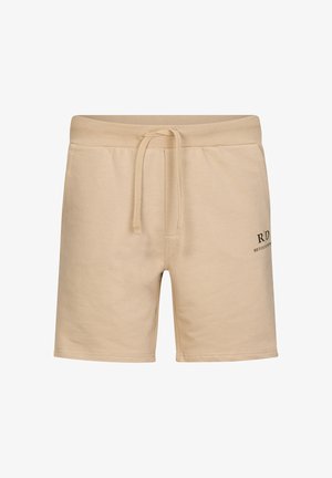 Beige katoenen shorts met een elastische tailleband, een trekkoordsluiting en een klein zwart logo gedrukt op de rechter onderkant.