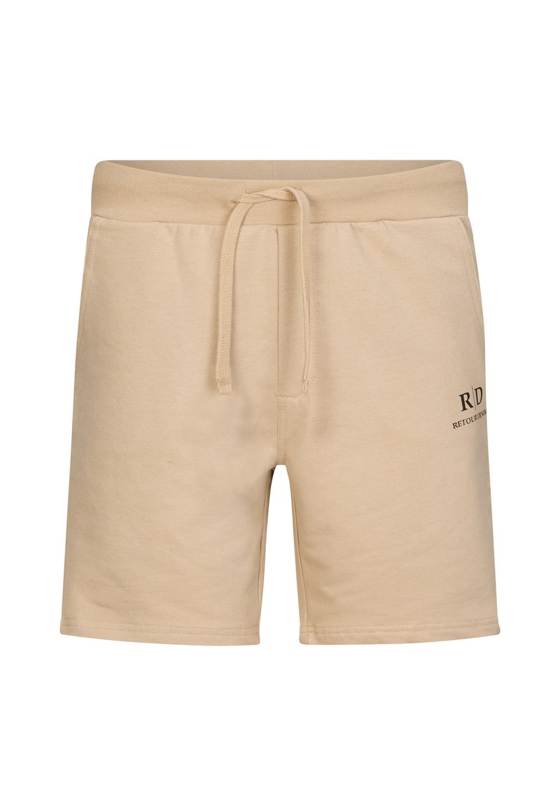 Shorts in cotone beige con vita elastica, chiusura con laccetto e un piccolo logo nero stampato sul lato inferiore destro.