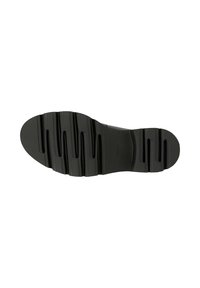 Zwarte rubberen schoenen zool met een gestructureerd oppervlak, voorzien van brede groeven en een rond teenontwerp voor verbeterde grip en stabiliteit.