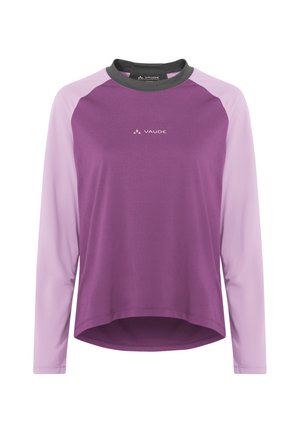 Maillot de sport à manches longues avec torse violet foncé, manches violet clair, col noir, et logo "Vaude" sur la poitrine.