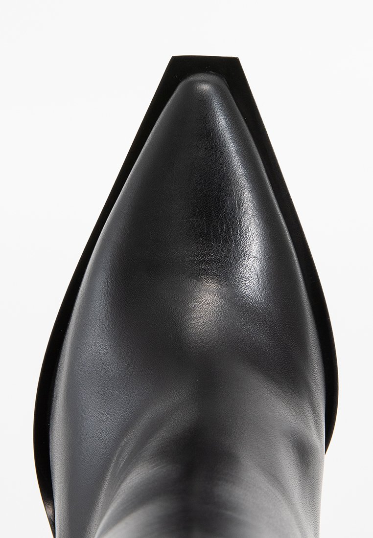 Botte de cheville en cuir noir avec un bout pointu et une texture lisse. Présente un design épuré et minimaliste avec un petit talon empilé.