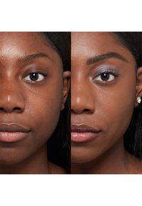 Two close-up views of a face, left side shows natural skin tone, right side features makeup with subtle eyeshadow and glossy lips.