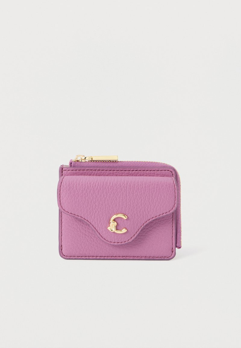 Pink leather wallet with a textured surface, featuring a gold embossed logo and a zippered compartment along the top for closure.