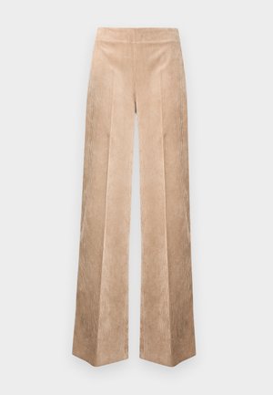 Beige wide-leg corduroy broek met een getextureerd oppervlak, voorzien van een hoge taille en een verticale streepjespatroon voor extra detail.