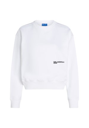 Bijela majica s dugim rukavima izrađena od mekog materijala, s okruglim izrezom, na prednjoj strani s crnim natpisom "KARL LAGERFELD JEANS".