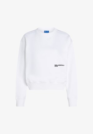 Bela sudbina iz mehkega blaga, s krožnim izrezom, dolgimi rokavi in črnim napisom "KARL LAGERFELD JEANS" na sprednjem delu.