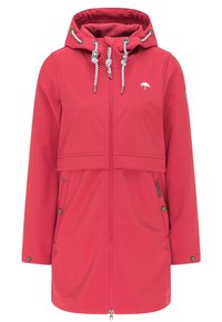 Giacca impermeabile rossa con cappuccio, dotata di accessori argentati, coulisse regolabili e multiple tasche. Texture liscia, design di media lunghezza.