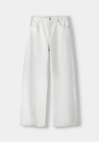 Vita vida byxor i denim, med hög midja, fem fickor och en ren, minimal design med synliga sömmar.