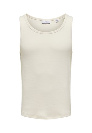 Top sin mangas de color crema, confeccionado en una tela suave y lisa. Presenta un escote redondo, diseño sin mangas y una textura acanalada simple.