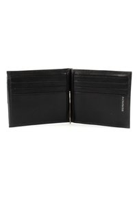 Black leather wallet opened flat, featuring multiple card slots, a silver clip, smooth texture, and embossed RFID protection label.
