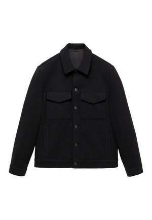 Black jacket made of wool blend with a collared neckline, two chest pockets, and button closure. Features a textured finish and solid color.