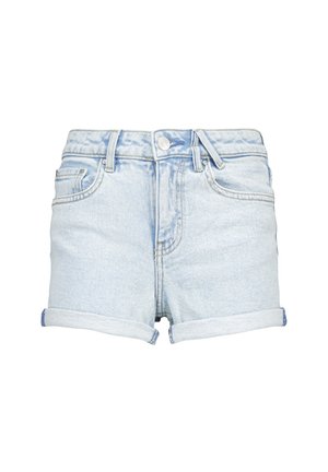 Lyseblå denimshorts med optrukne kanter, frontknaplukning og lommer foran og bagpå.