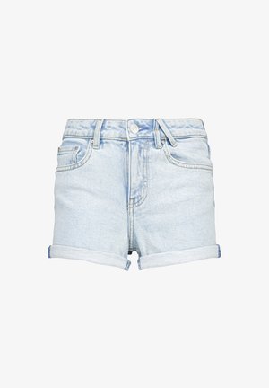 Lyseblå denimshorts med optrukne kanter, frontknaplukning og lommer foran og bagpå.