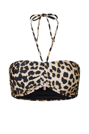 Haut de bikini bandeau imprimé léopard avec un centre froncé et des fines bretelles nouées en nœud derrière le cou.