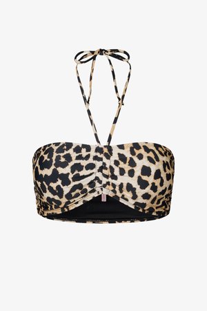 Haut de bikini bandeau imprimé léopard avec un centre froncé et des fines bretelles nouées en nœud derrière le cou.