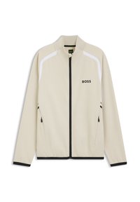 Beige lightweight jacket with a high collar, black zipper, side pockets, and white accents. Features "BOSS" logo on the chest.