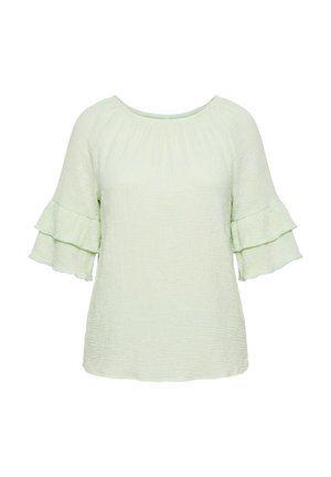 Světlá zelená texturovaná halenka s kulatým výstřihem a tříčtvrtečními rukávy s vrstvenými volány.