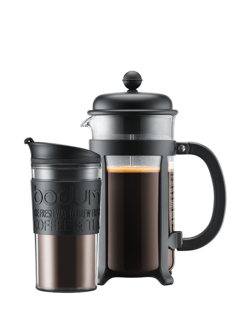 Cafetera de prensa francesa en vidrio negro y transparente; incluye un termo a juego con agarre de silicona. Cuenta con un émbolo y tapa.