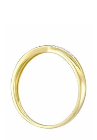 Zlatni prsten s glatkom, poliranom površinom i zakrivljenim dizajnom, s malim dijamantnim akcentima duž jednog ruba.