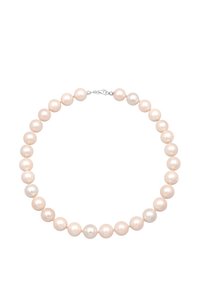 Perlenkette mit abwechselnd rosa und weißen Perlen, glatte Textur, einheitlich runde Form, mit einem Silberverschluss gesichert.
