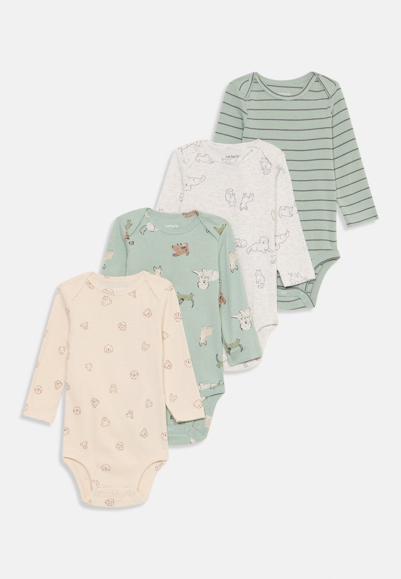 Četri garās piedurknes kombinezoni: bēšs ar dzīvnieku printiem, piparmētru zaļš ar ilustrācijām, gaiši pelēks un svītrainais piparmētru zaļš. Audums: kokvilna.