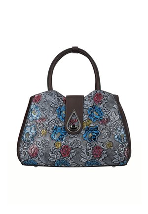 Handtas met donkerbruine handvatten en sluiting, versierd met verhoogde geborduurde bloemen in blauw, roze, geel en grijs op grijze stof.