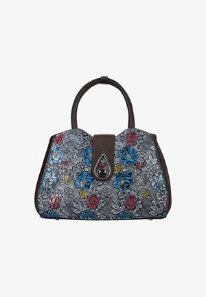 Handtas met donkerbruine handvatten en sluiting, versierd met verhoogde geborduurde bloemen in blauw, roze, geel en grijs op grijze stof.