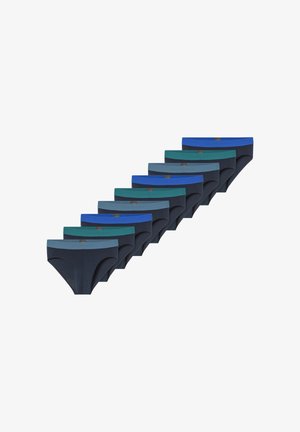 Mutande da uomo in colori assortiti, tra cui blu scuro, teal e verde. Tessuto elasticizzato con una trama liscia e cinturini in vita a contrasto.
