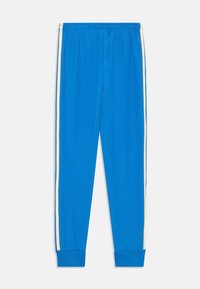 Blauwe sportbroek met een elastische tailleband, voorzien van witte zijkanten, taps toelopende boorden en een gladde, lichte stof. 