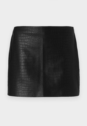 Black faux leather mini skirt with a textured crocodile pattern, featuring a smooth finish and tailored shape with no visible hardware.