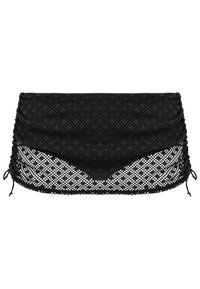 Bas de maillot de bain noir avec un design en maille texturée, présentant des détails froncés sur les côtés et des liens ajustables, mettant en avant un look superposé.