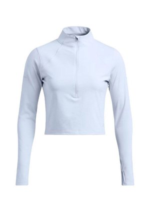 Un crop top long à manches longues de couleur bleu clair pour femmes, avec un col montant et une fermeture éclair quart de devant sur fond blanc.