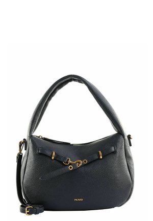 Sac à main en cuir noir texturé avec quincaillerie dorée, bandoulière réglable et logo Picard sur le devant.