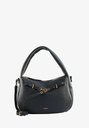 Sac à main en cuir noir texturé avec quincaillerie dorée, bandoulière réglable et logo Picard sur le devant.