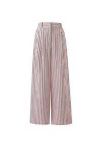 Wijd uitlopende broeken met verticale strepen in blauw, rood en oranje op een lichte achtergrond, met een getailleerde taille en riemlussen.