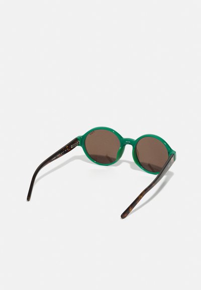 Lunettes de soleil rondes en plastique vert avec des lentilles marron. Les branches à motif écaille de tortue présentent un détail de charnière. Texture lisse sur l'ensemble de la monture.